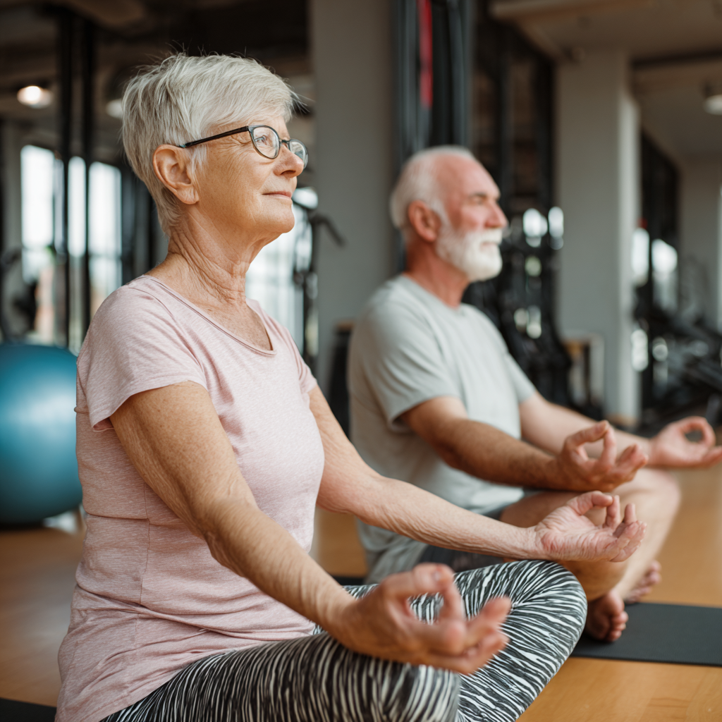 Older adults practicing mindful movement techniques in peaceful indoor environment